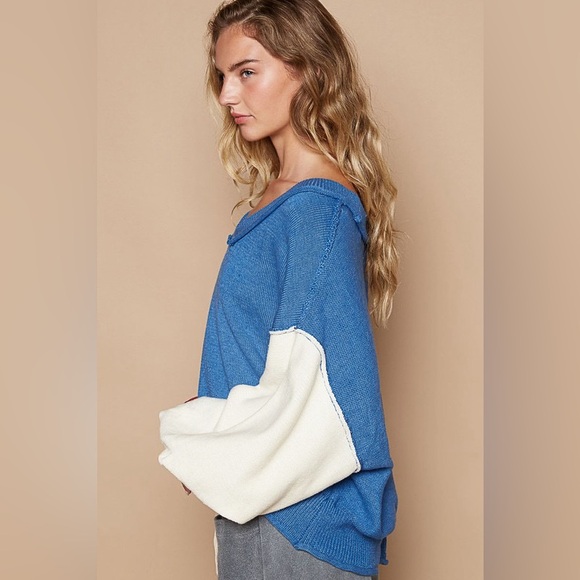 POL Exposed Seam Contrast V-Neck Lantern Sleeve Sweater 10010008065 - Picture 3 of 4